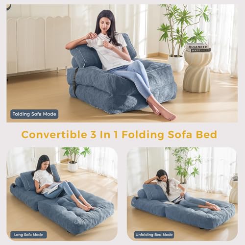 MAXYOYO Folding Sofa Bed, Convertible Sleeper Chair with Pillow Foldable Mattress with Back Support, Portable Fold Out Sofa Couch Fuzzy Fabric Comfy Floor Sofa Lounge for Living Room Apartment, Beige