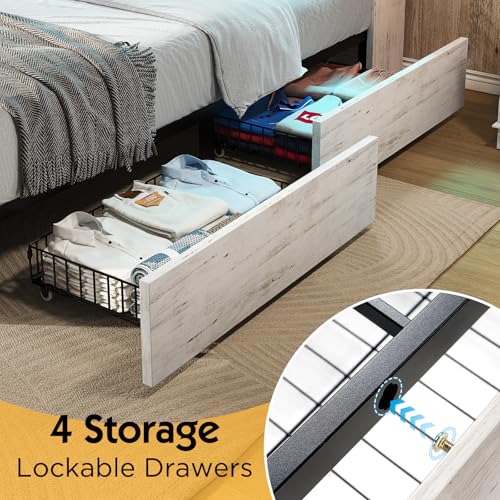 Full Farmhouse Bed Frame with Bookcase Headboard and 4 Drawers, LED Storage Bed with Charging Station & Linen Upholstered, No Box Spring Needed, Black