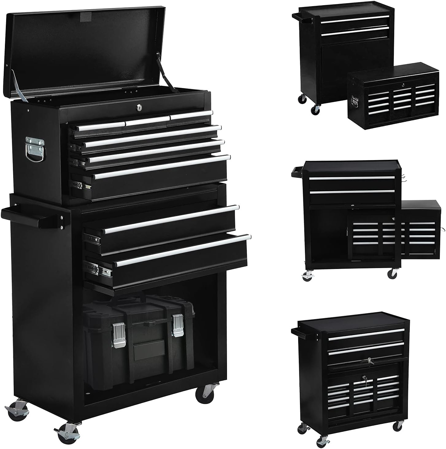 8-Drawer Tool Chest Rolling Tool Box with Wheels, Large Detachable Tool Box with Drawers and Lock, Metal Tool Cart Storage Cabinet for Garage and Warehouse (Black)