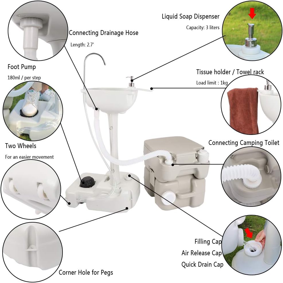 Upgraded Portable Sink and Toilet Combo| Self-contained 5 Gal Hand Washing Station & 5 Gal Flushing Toilet, Perfect for Camping/RV/Boat/Road Tripper/Camper, Detachable & Lightweight Removable, Compact