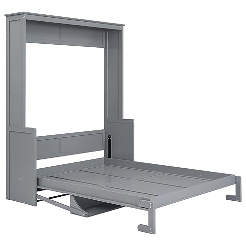 Rophefx Queen Murphy Bed with a Shelf, Wall Bed Queen, Wood Hidden Bed Frame, Multifunctional Cube Bed, with Support Slats, Space Saving Bed for Guest Room, Grey