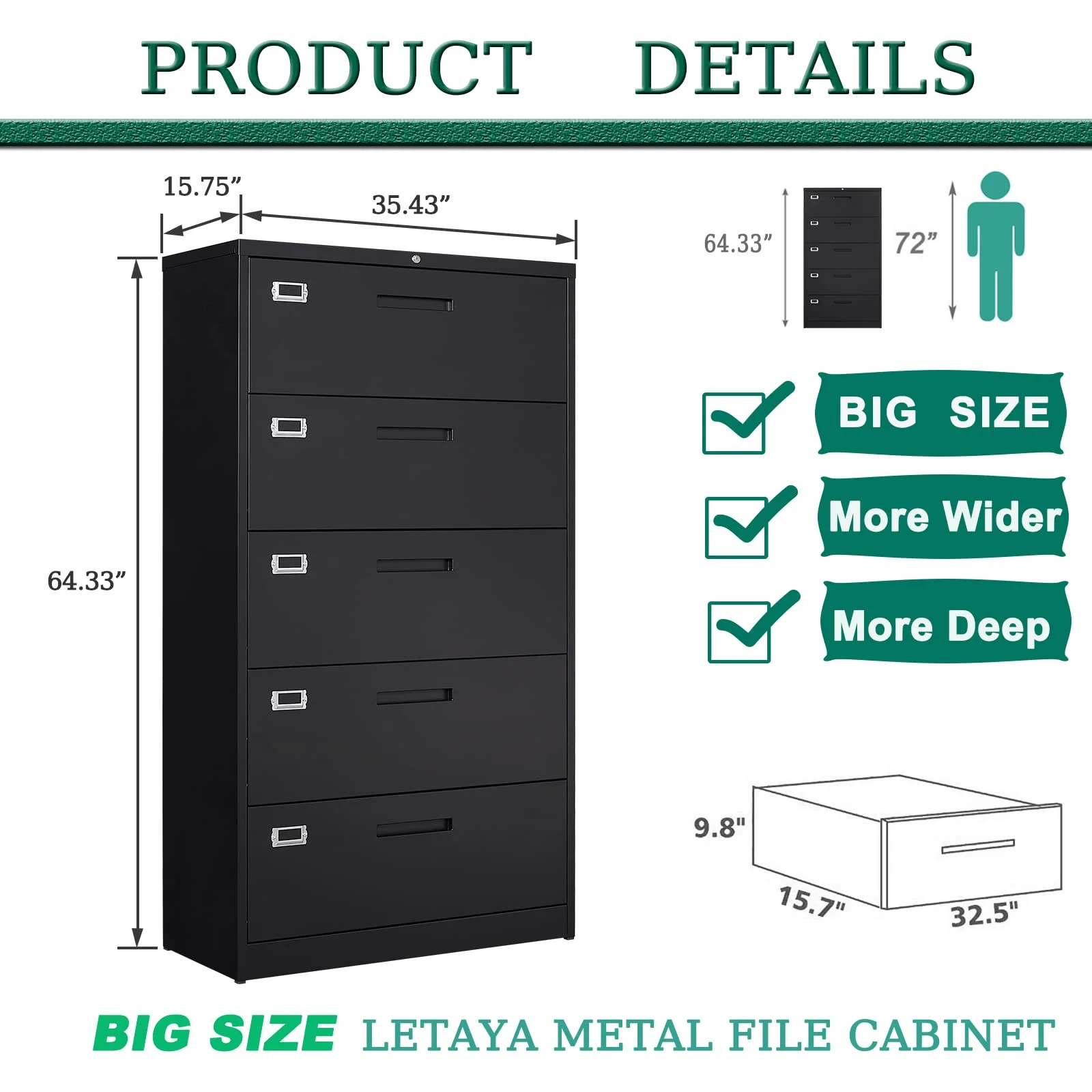 Fesbos 5 Drawer File Cabinet with Lock,Metal Lateral Filing Cabinets for Home Office Hanging Files Letter/Legal/F4/A4 Size(Black-Requires Installation)
