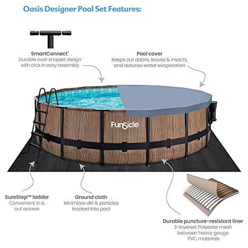 Funsicle 14' x 42" Oasis Designer Round Frame Above Ground Outdoor Swimming Pool Set with SkimmerPlus Filter Pump, Ladder, and Pool Cover, Gray