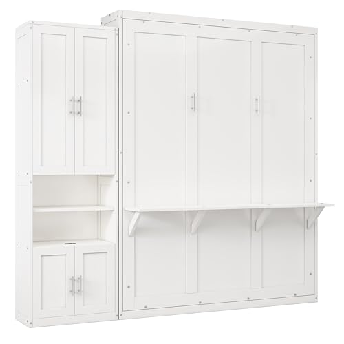 Modern Murphy Bed with 2 Side Cabinet Storage Shelf, Dual Piston System, Sturdy Metal Frame Wall Bed for Guest Room, Home Office (Brown+Bookshelf2, Queen)