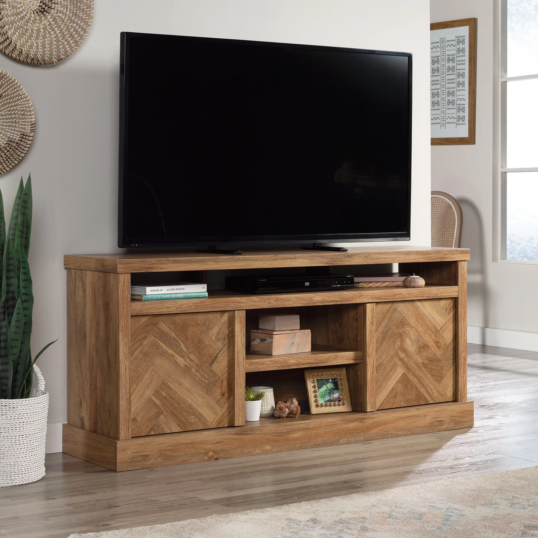 Sauder Cannery Bridge Herringbone TV Stand for TVs up to 65", Sindoori Mango Finish