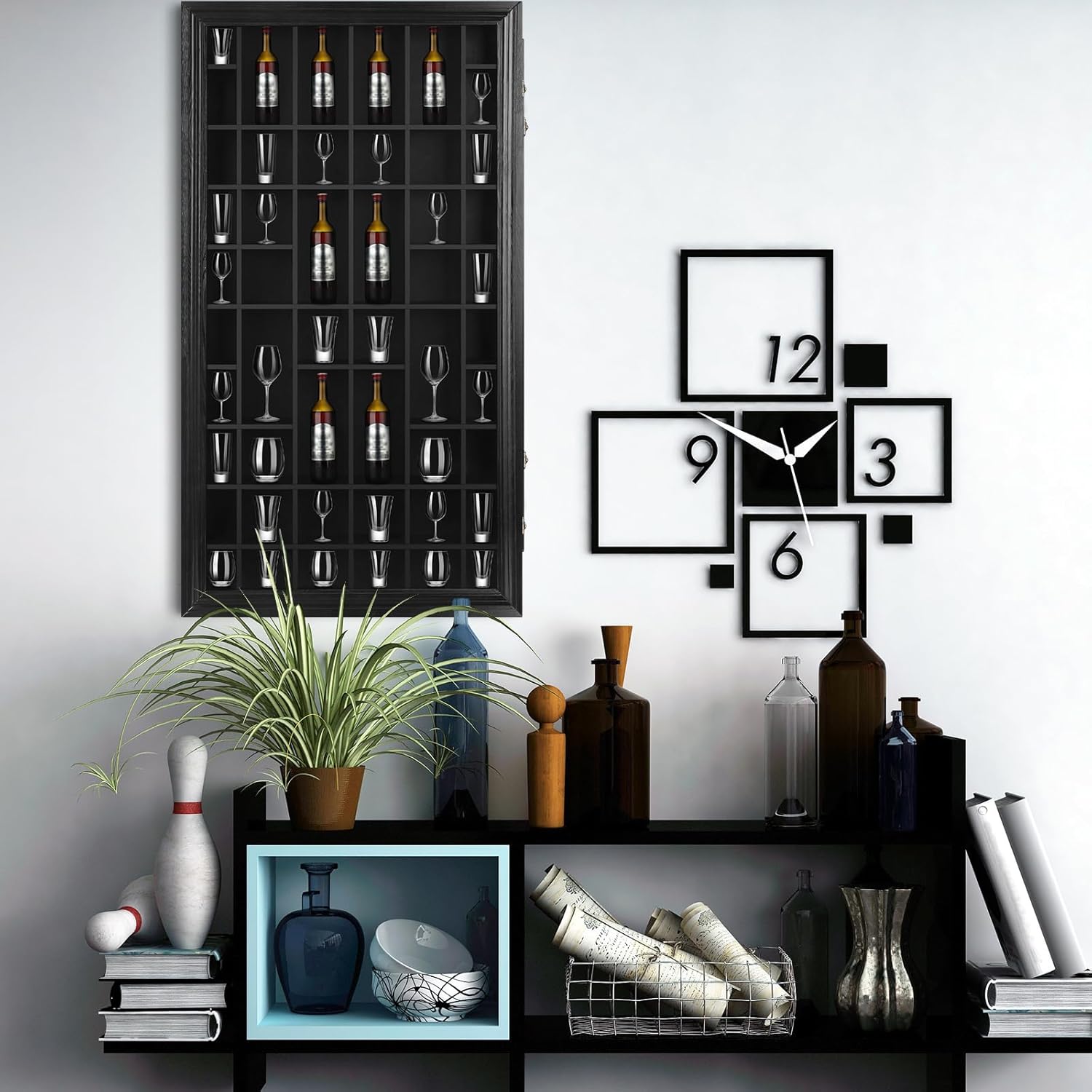 2 Pcs Shot Glass Display Case 50 Slots Wood Shot Glasses Holder 32.5 x 17.9'' Wall Mount Cabinet Rack Holder for Collectibles Glass Bar Cabinet with Lockable Acrylic Door
