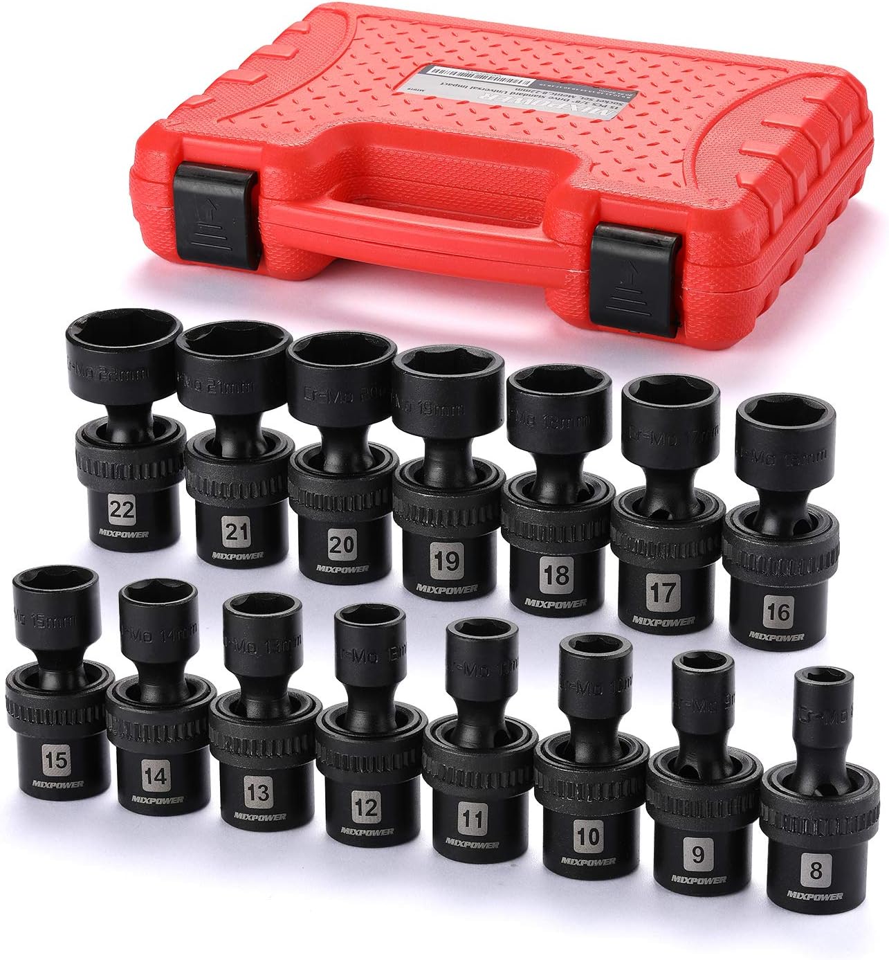 MIXPOWER 10-piece 3/8" Drive Shallow Universal Impact Socket Set, Metric,10-19mm, Swivel Socket with Flexible Wobble, CR-MO