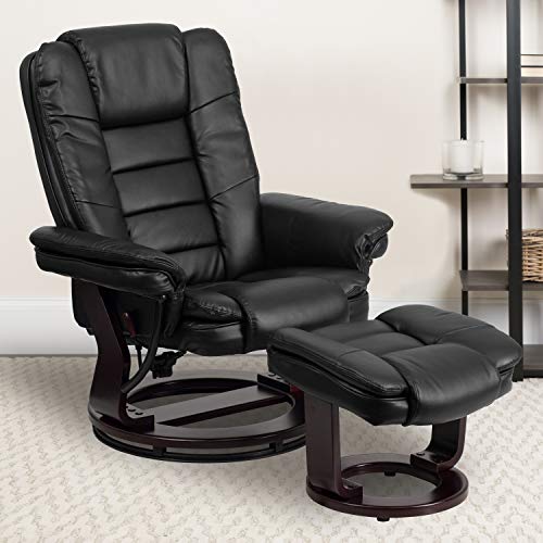 EMMA + OLIVER Multi-Position Stitched Recliner & Ottoman with Swivel Base in Beige LeatherSoft