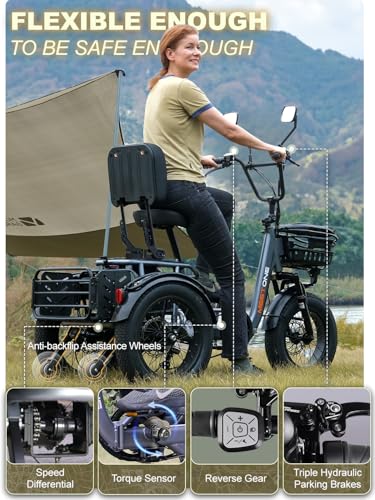 Folding Electric Tricycle for Adults, 1200W Electric Trike, 22MPH 100Miles 3 Wheel Electric Bike, Reverse Gear, Rear Differential, 450lbs Load, F&R Baskets, 4'' Wide Fat Tire, UL Certified