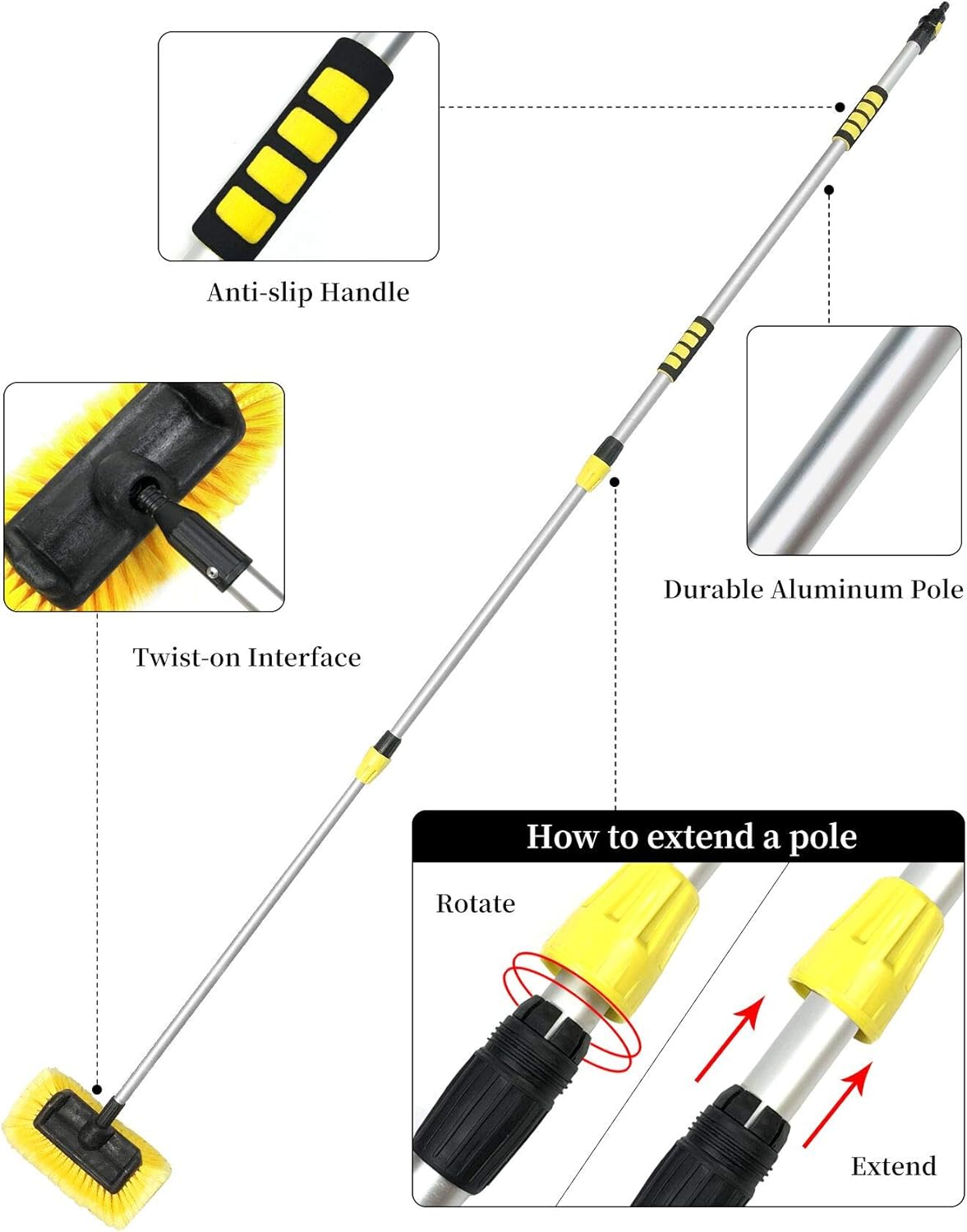 Buyplus 5-12 Foot (20 Foot Reach) Car Wash Brush with 12-Inch Soft Bristle, On/Off Switch Telescopic Flow Through Car Truck Boat Washing Brush with Hose Attachment for Cleaning House Siding Pack of 2