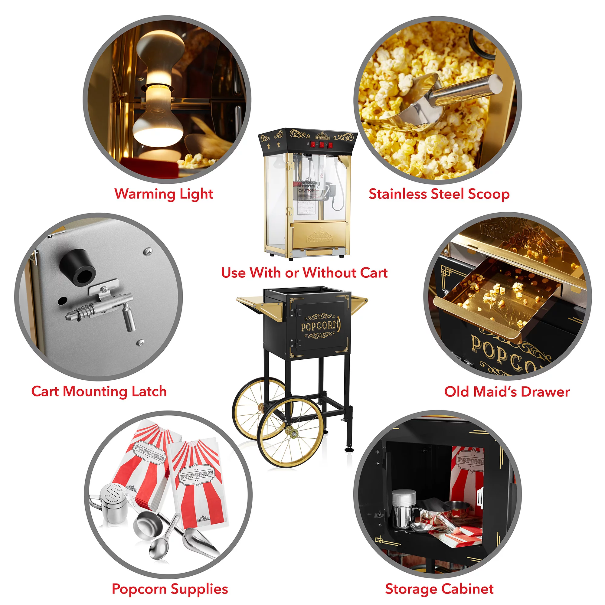 Olde Midway Movie Theater-Style Popcorn Machine with Cart and 8 oz Kettle, Black