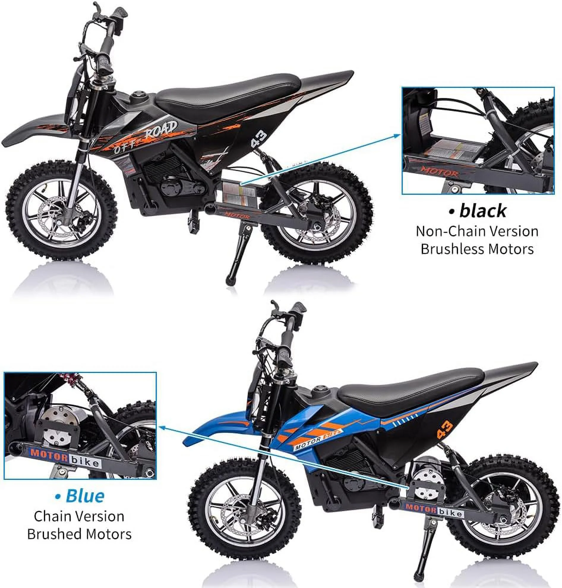 36V Electric Dirt Bike for Kids, Ride on Motorcycle 350W Brushless Motor Variable Speed to 15.5MPH with LED Headlight, Leather Seat,Front+Back Brake for Teens Max Load 175lbs,Black