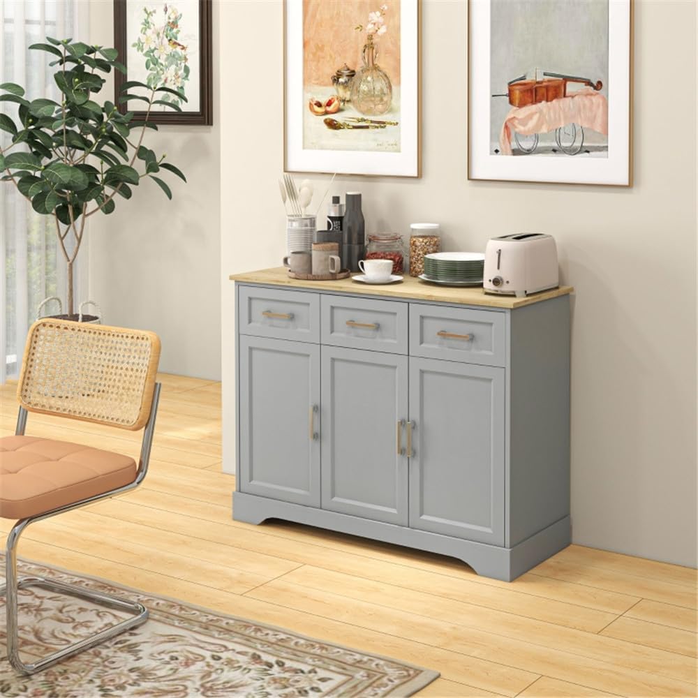 Sideboard with Solid Wood Countertop, Modern Kitchen Storage Cabinet, Coffee Bar Cabinet with 3 Drawers, Doors and Adjustable Shelf, Gray