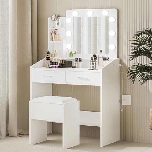 Vanity Desk with Mirror and Lights, Makeup Vanity Desk with Charging Station and Cushioned Stool, Dressing Table with 2 Drawers & 3 Lighting Modes Adjustable Brightness for Bedroom, Black