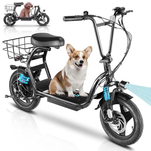 Caroma Peak 500W/800W/1200W Electric Scooter with Seat, Max 15/20/30Miles Range&20MPH, 14" Tires Foldable Adult Electric Scooter with Basket for Pets & Cargo, Dual Shock Absorbing Ebike for Commuting