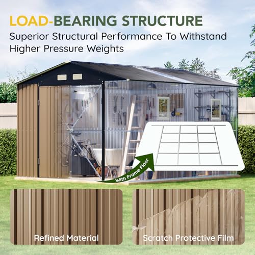 Outdoor Storage Shed 10 x 12ft. Utility Tool Shed Metal Storage Garden Shed with Lockable Doors, Windows & Metal Frame Floor for Patio Storage,Brown