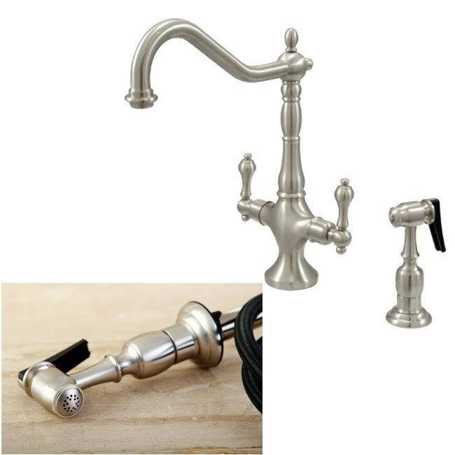 Kingston Brass KS1778ALBS Heritage Satin Nickel Double Handle Kitchen Faucet with Brass Sprayer