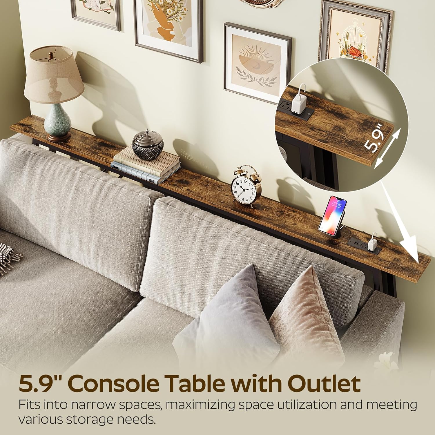 78.7" Console Table and 5.9" Skinny Console Table with Power Outlets Bundle, Extra Long Entryway Table, Narrow Sofa Tables Behind Couch, CT20BR-CT205UBR