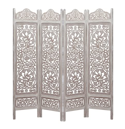 Room Divider Wood Screen - Ghanti Bells Antique Brown - 4 Panel Folding 72 x 80 - Assembled Hand Carved Decorative Functional Versatile Portable Partition Reversible Privacy Boho - COTTON CRAFT