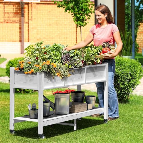 DWVO 47x18x31in Raised Garden Bed, Weather Resistant Poly Wood Planter Box Stand, Planter Box with Legs, Storage Shelf & Lockable Wheels, Elevated Garden Bed for Backyard Patio Balcony - White