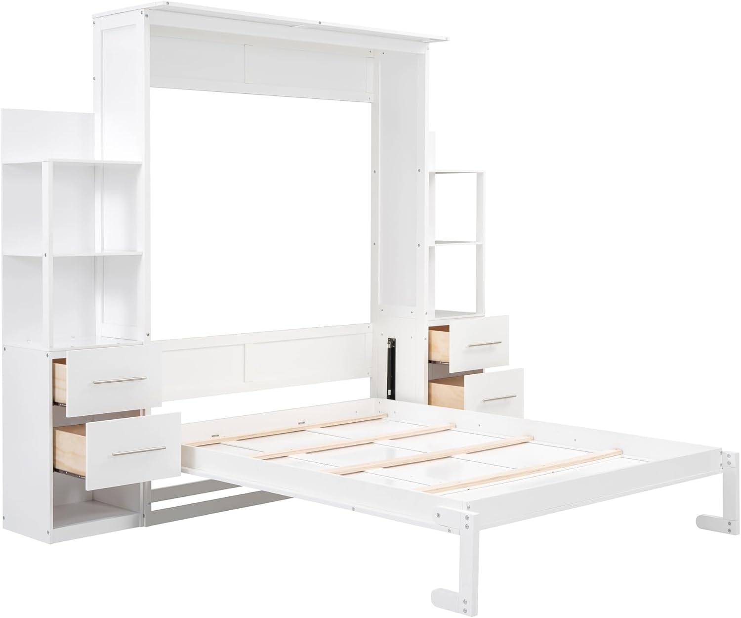Queen Size Murphy Bed Wall Bed with Shelves, Drawers and LED Lights,White