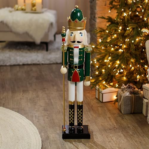 Fun Express 3 Ft. Large Classic Green Wooden Holiday Nutcracker with Scepter, Festive Christmas Decoration