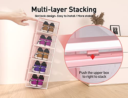 Kuject X-Large Shoe Storage Boxes Organizers Clear Plastic Stackable 12 Pack, Shoe Rack & Holder Substitute, Sneaker Containers, Toy Storage Organizer Bins for Entryway, Closet, Under Bed, Black
