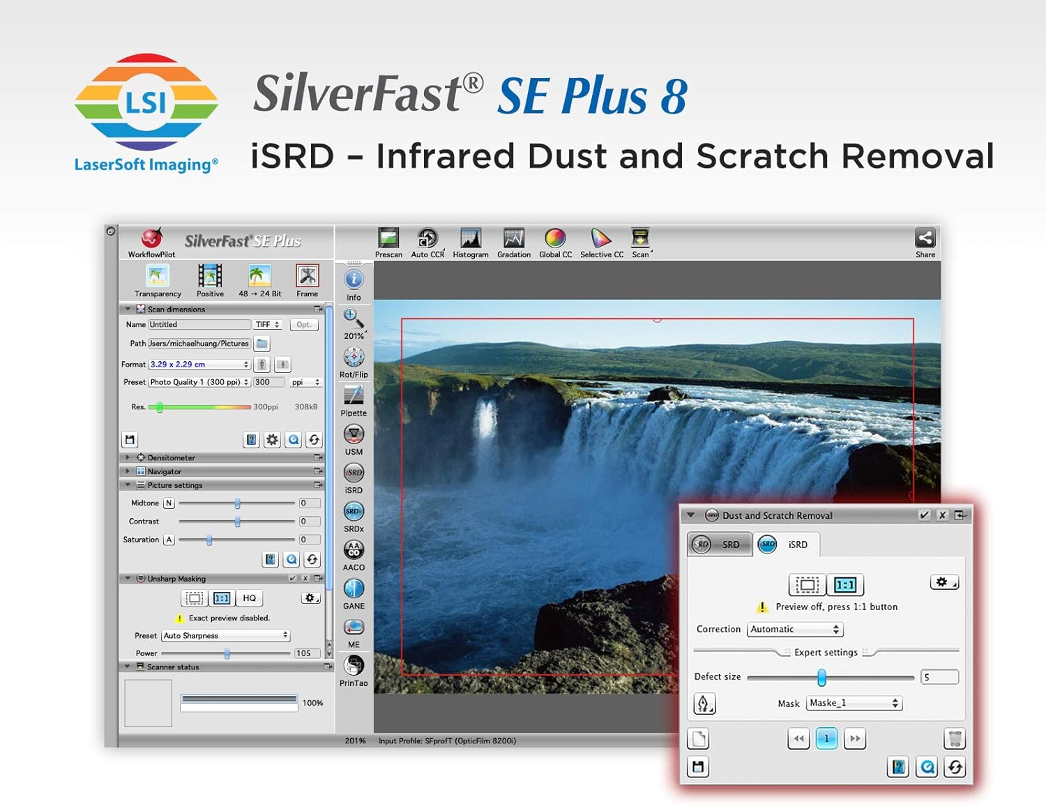 Plustek OpticFilm 8200i SE , 35mm Film & Slide Scanner. 7200 dpi / 48-bit Output. Integrated Infrared Dust/Scratch Removal. Bundle Silverfast SE Plus 8.8 , Support Mac and PC.