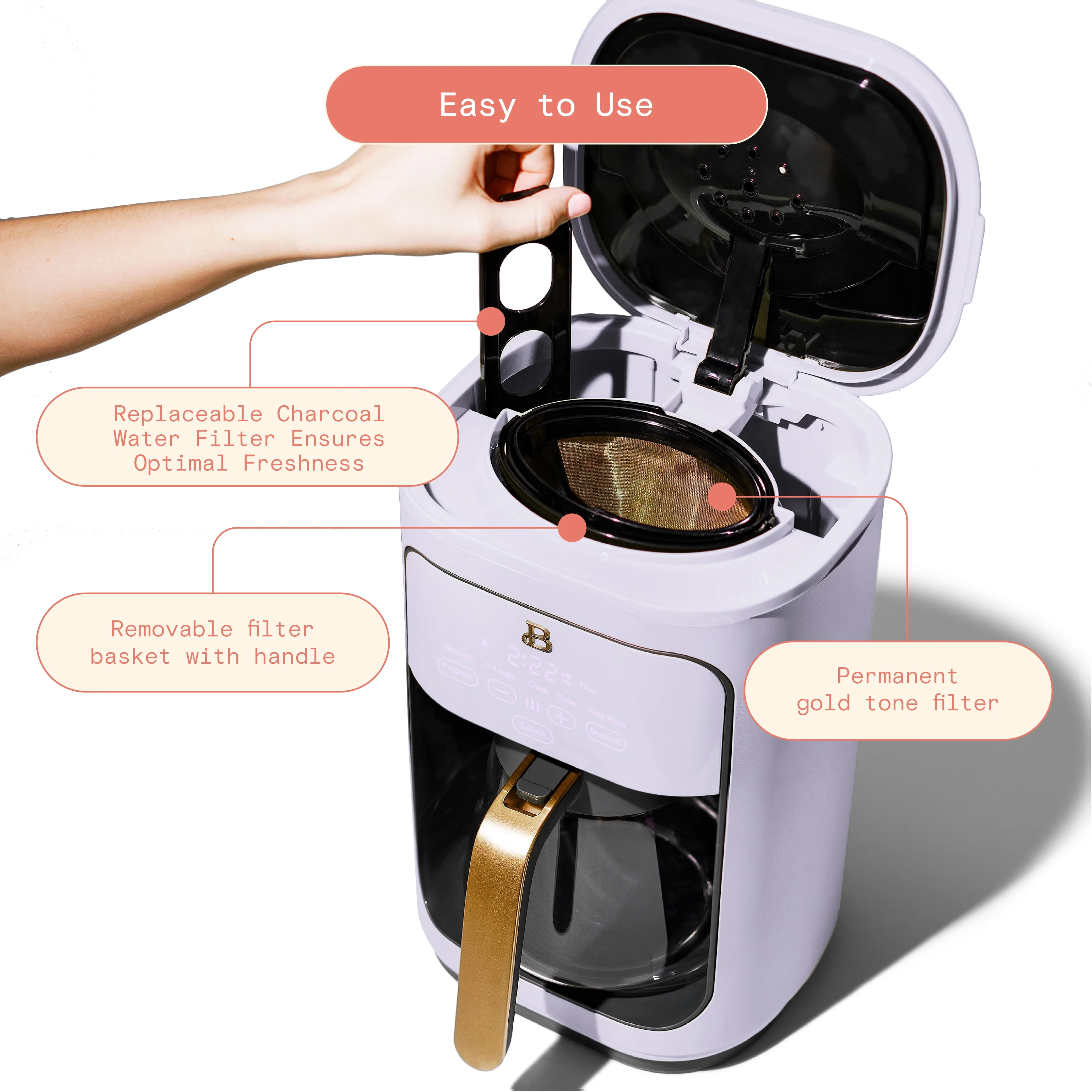 Beautiful 14-Cup Programmable Drip Coffee Maker with Touch-Activated Display, White Icing by Drew Barrymore