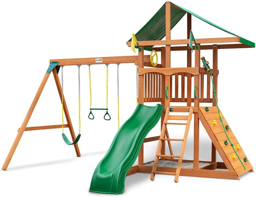 Gorilla Playsets 01-1076 Avalon Wooden Swing Set with Oversized Green Vinyl Canopy Roof, Climbing Wall, Ladder, Swings and Slide