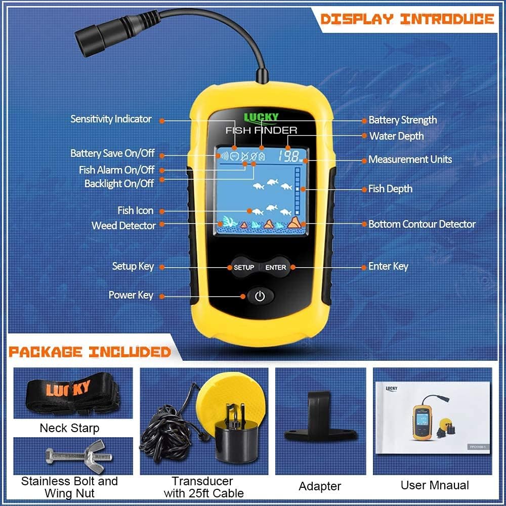 LUCKY Kayak Portable Fish Depth Finder Water Handheld Fish Finder Sonar Castable Kayak Boat Fishfinder Transducer Fishing LCD Display FFC1108 Pack of 2