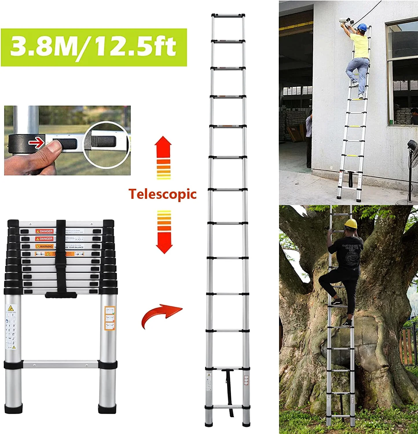 Telescoping Ladder 12FT Aluminum Telescoping Extension Ladder, Collapsible Ladder Attic Ladder Rv Ladder, Portable Telescopic Ladder for Outdoor Working & Household Use, Folding Ladder 330lb Capacity