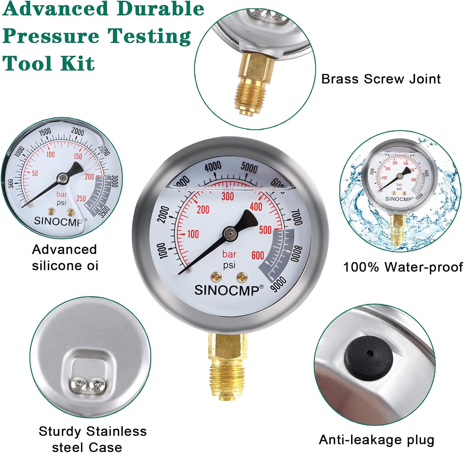 Upgraded Version Hydraulic Pressure Gauge Kit - SINOCMP Excavator Hydraulic Kit Stainless Steel Pressure Gauge Test Gauge Kit for Excavators, 2 Years Warranty