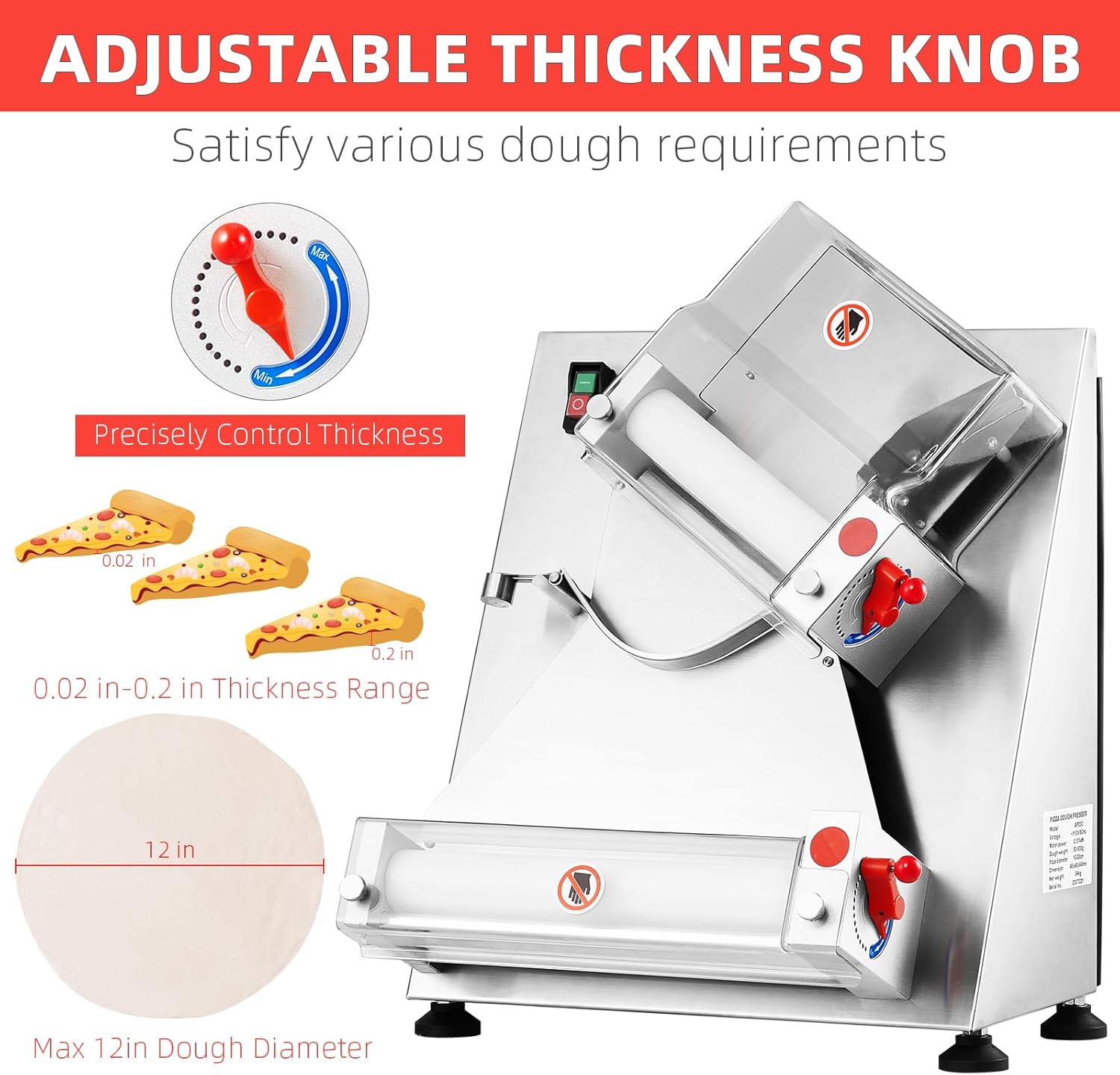 Pizza Dough Roller Sheeter, Max 12" Automatic Commercial Dough Roller Sheeter, 370W Electric Pizza Dough Roller Stainless Steel, Suitable for Noodle Pizza Bread and Pasta Maker Equipment