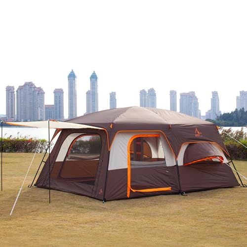 KTT Extra Large Tent 10-12-14 Person(Style-B),Family Cabin Tents,2 Rooms,3 Doors and 3 Windows with Mesh,Straight Wall,Waterproof,Double Layer,Big Tent for Outdoor,Picnic,Camping,Family Gathering