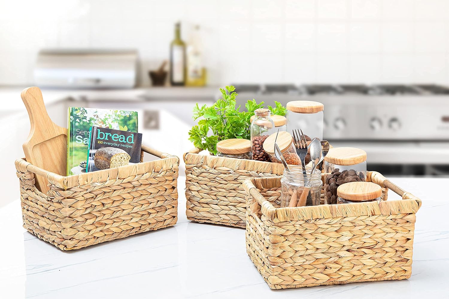 VATIMA Large Wicker Basket Rectangular with Wooden Handles for Shelves, Water Hyacinth Basket Storage, Natural Baskets for Organizing, Wicker Baskets for Storage 14.5 x 10.3 x 7.2 inches