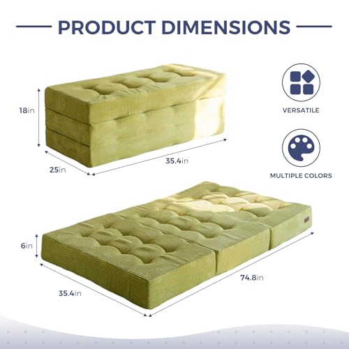 MAXYOYO Tri-Fold Mattress, 6 Inch Tufted Folding Mattress Full Foam Bed, Foldable Floor Mattress Guest Bed Mattress Topper Portable Camping Sleeping Bed with Corded Fabric, Black, 53"x75"