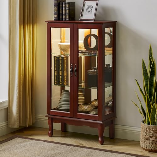 Living Room Display Country Tuscan Wall Curio Display and Storage Cabinet,Cabinet with Adjustable Shelves and Mirrored Back Panel, Tempered Glass Doors(3Tier)(E26 Light Bulb not Included) (Walnut)