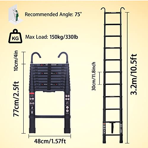 20.5ft Aluminum Telescoping Ladder Folding Telescopic Extension Ladder with 2 Roof Hooks EN131 Safe Standard Adjustable Height for Home Building Garden Attic Loft Decoration Painting 330lb Capacity