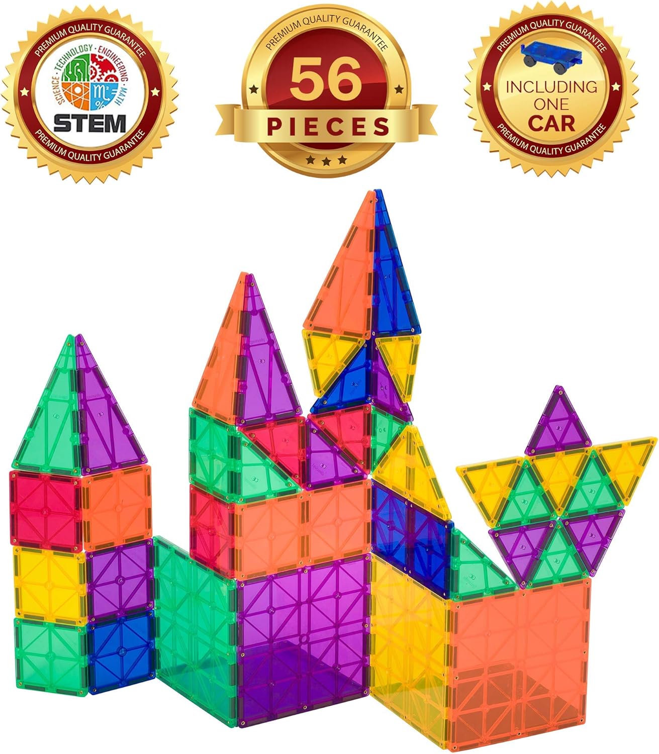 Award Winning Playmags Clear Colors Magnetic Tiles Building Set 50 + 6 Pc Set with Car - STEM Magnetic Toys Develop Motor Skills & Creativity, Colorful, Durable Magnet Building (56 Pc Set)