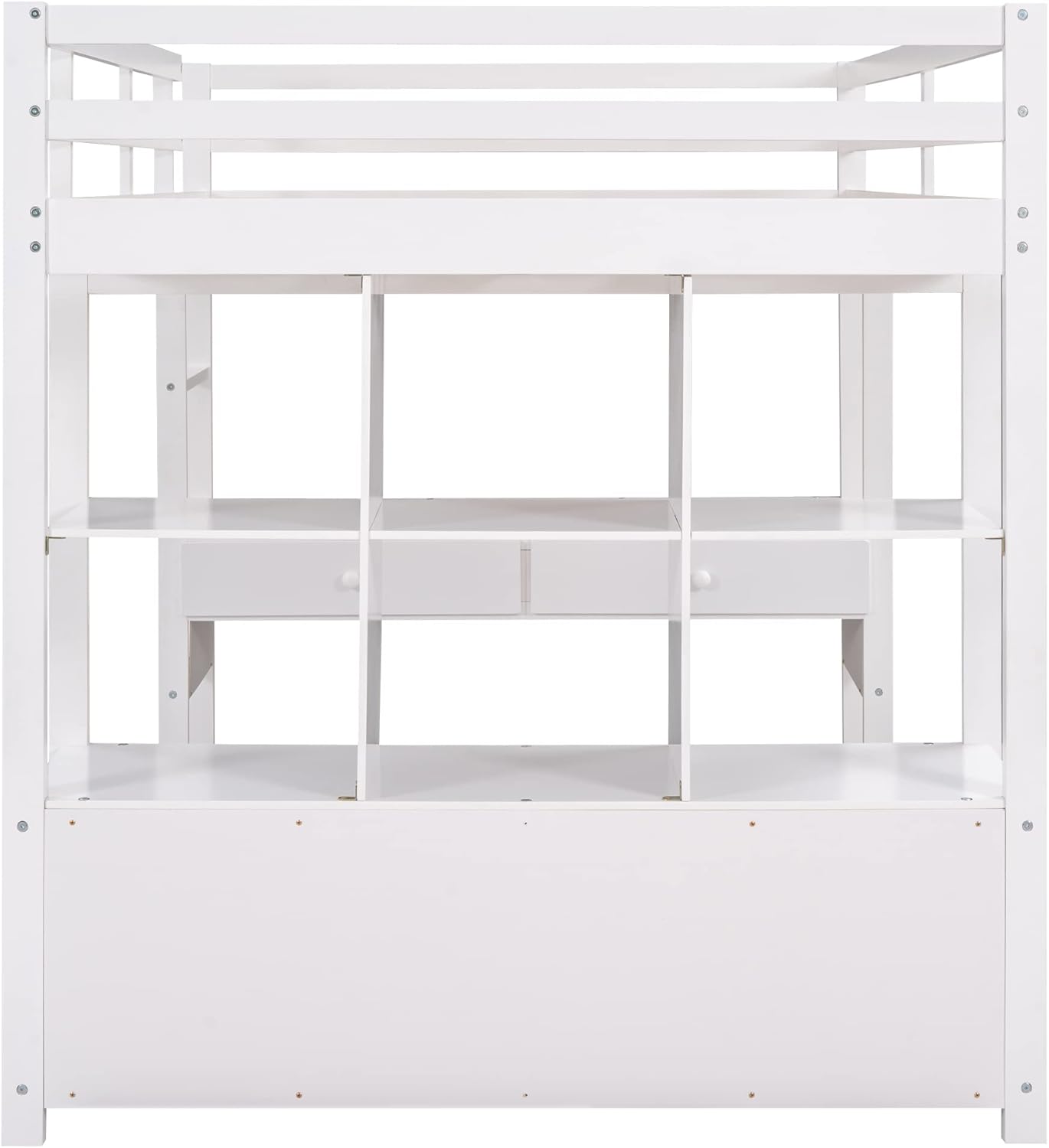 Full Size Loft Bed with Built-in Desk, 2 Drawers and Storage Shelves, Wooden FullLoft Bed Frame with Guardrails for Kids Teens Adults, White