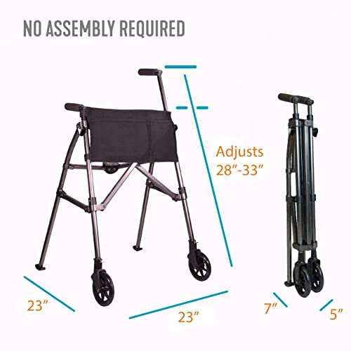 Stander Wonder Walker Plus Short, Junior Lightweight Folding Rolling Walker for Adults, Seniors, Elderly, Petite Travel Walker with Wheels, Glides, Pouch, Compact Standard Walker, Black Walnut