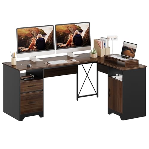 Bestier L Shaped Desk with File Drawers, 63" x 47" Office Computer Desk with Storage Cabinet, Corner Desk with Monitor Stand & Modesty Panel for Home Office, Gray
