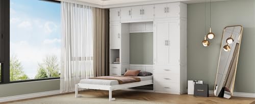 Harper & Bright Designs Twin Size Murphy Bed Frame for Boys Girls Kids Adults Toddler with Lockers and Wardrobes, with installation video, White