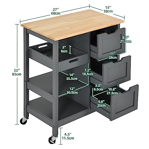 YITAHOME Small Solid Wood Top Kitchen Island Cart on Wheels with Storage, Rolling Portable Dining Room Serving Utility Carts Mobile Movable with 3 Drawers Cabinet, Oak & Gray