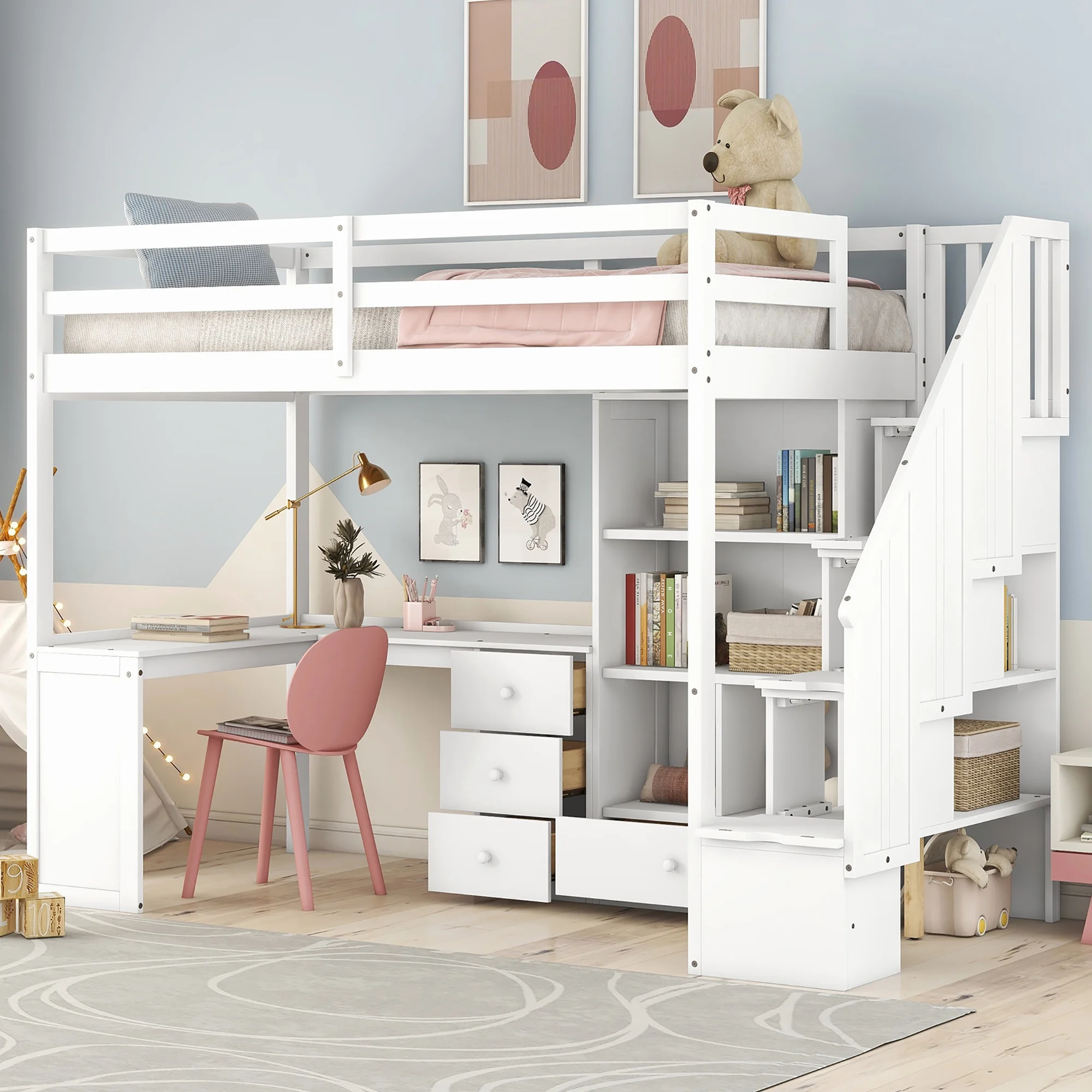 Twin Wood Loft Bed with L-Shaped Desk and Drawers, Cabinet and Storage Staircase, Loft Twin Bed with Desk for Teenagers, Multiple Functions Bed, Easy to Assemble (White)