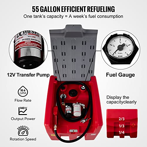VEVOR Portable Diesel Tank, 58 Gallon Capacity & 10 GPM Flow Rate, Diesel Fuel Tank with 12V Electric Transfer Pump and 13.1ft Rubber Hose, PE Diesel Transfer Tank for Easy Fuel Transportation, Red