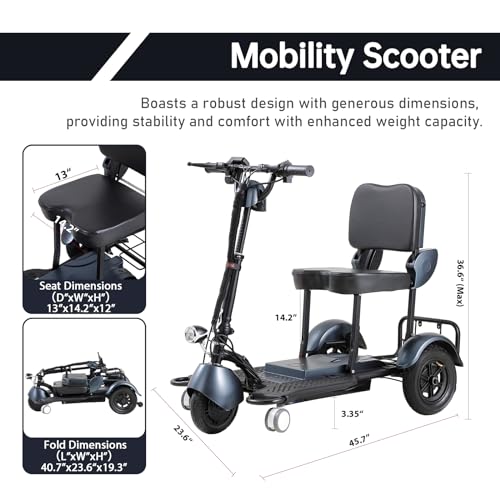 Powered Mobility Scooters Folding Blue 3-Wheel Mobility Scooter, 20 Miles Range, 11.5 Mph, 300W Electric for Adults & Elderly, with LED Headlights, Detachable Cooler Box, Charger Included