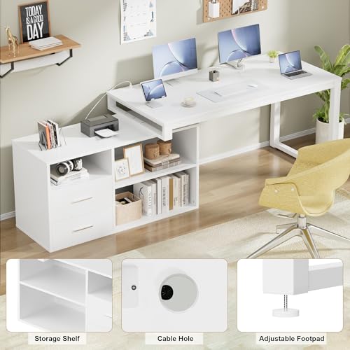 L-Shaped Desk with File Cabinet & Power Outlet, 55 Inch Large Computer Corner Table with Drawers and Storage Shelves for Home Office, White