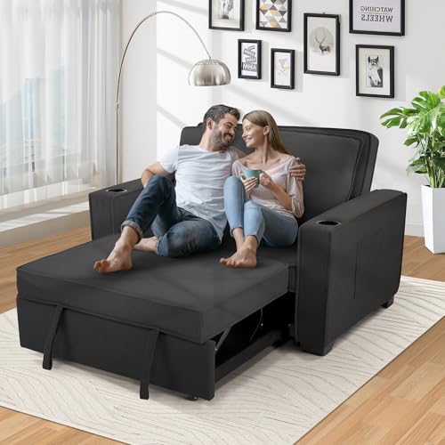 52" Convertible Sofa Bed, 3-in-1 Sleeper Sofa Pull-Out Bed, Multi-Functional Corduroy Futon Couch with Adjustable Backrest and Cup Holders, Loveseat Sofa for Small Space, Living Room, Black